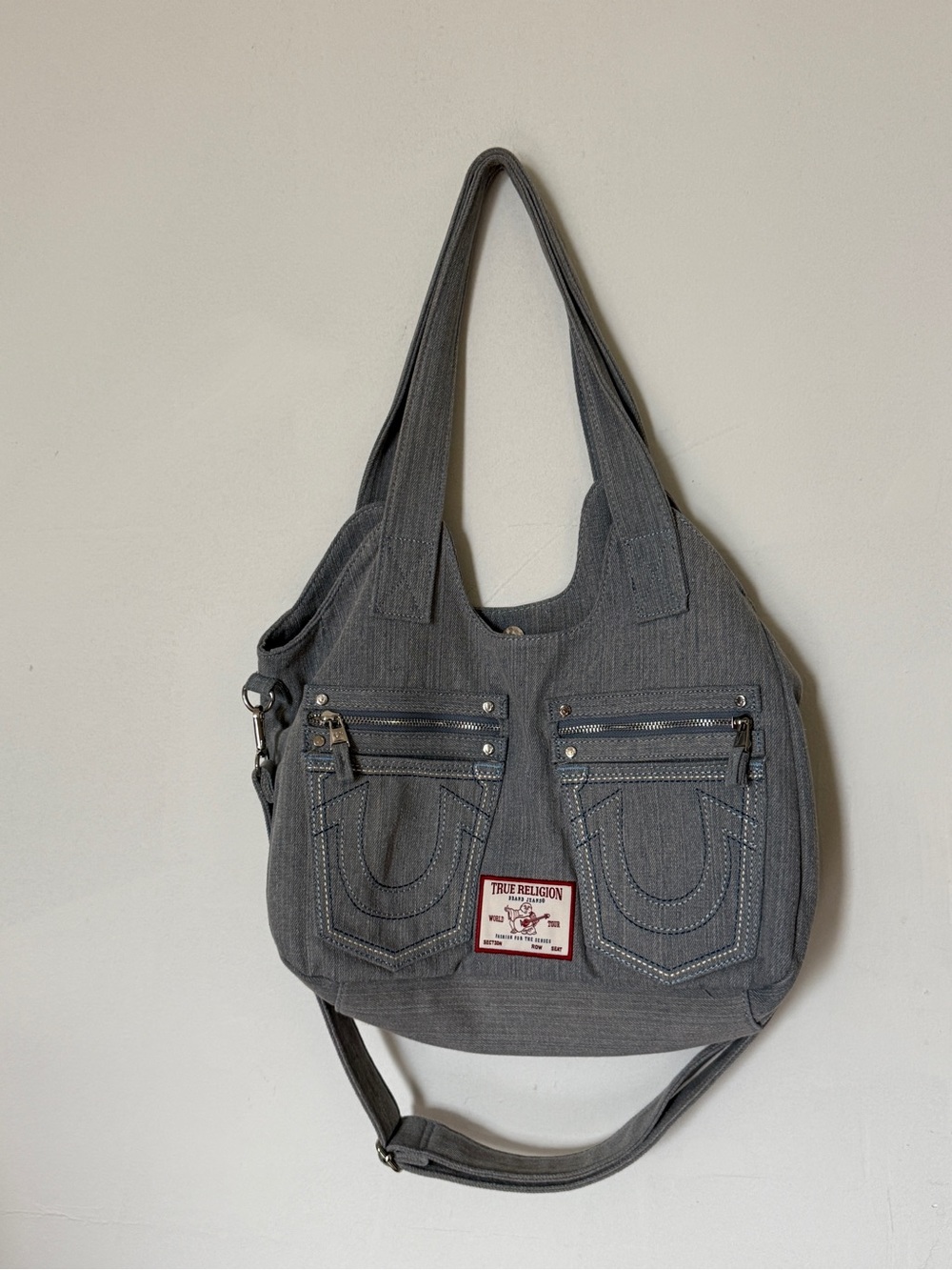 True Religion Denim Satchel Bag, Crossbody Purse Handbag with Horseshoe Pockets